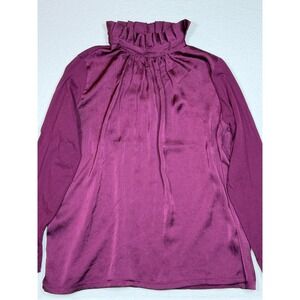 Banana Republic Petite‎ M Burgundy Ruffle Neck Long Sleeve Blouse Top